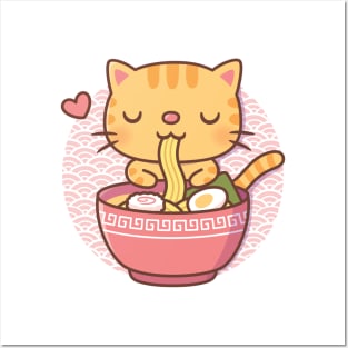 Cute Cat Eating Japanese Ramen Noodles Posters and Art